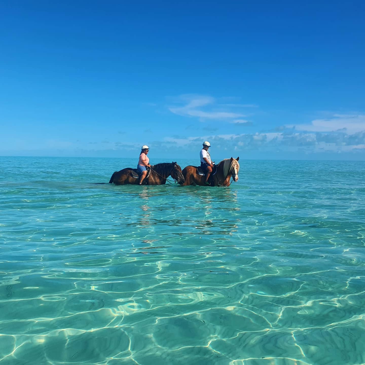 Two people riding horses in the ocean.