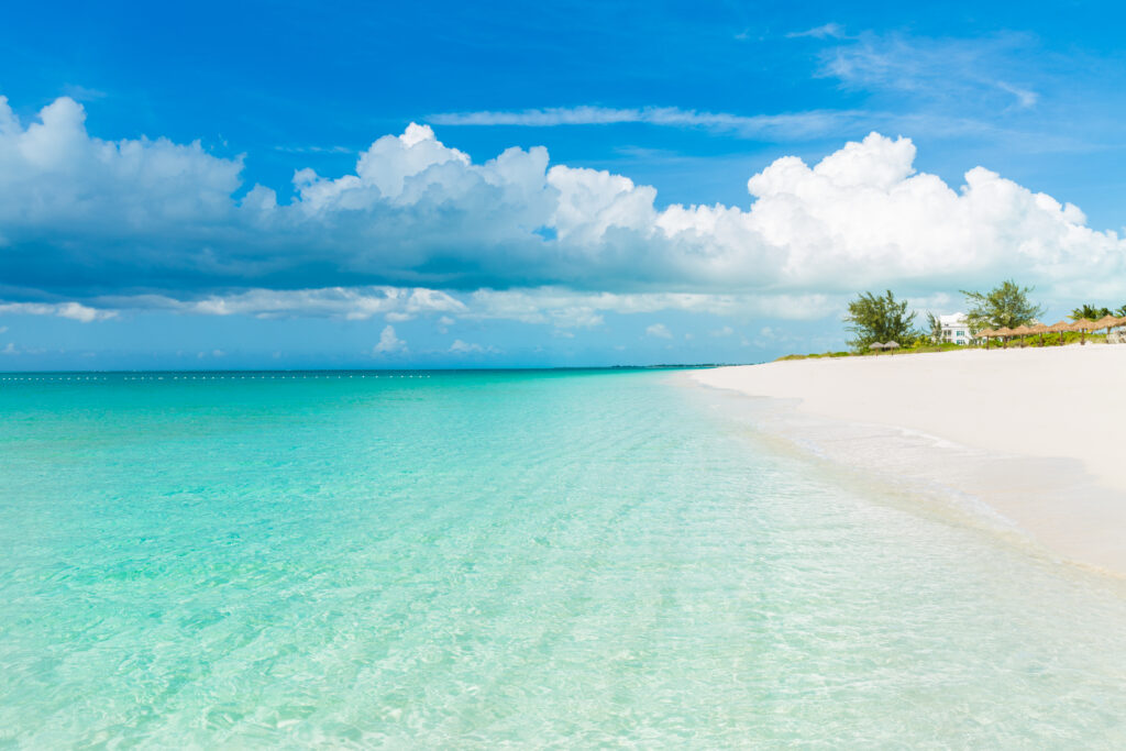 The ocean with the sand on the right.