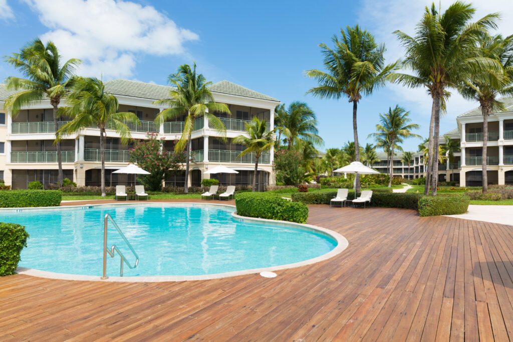 The pool with suites in the back left.