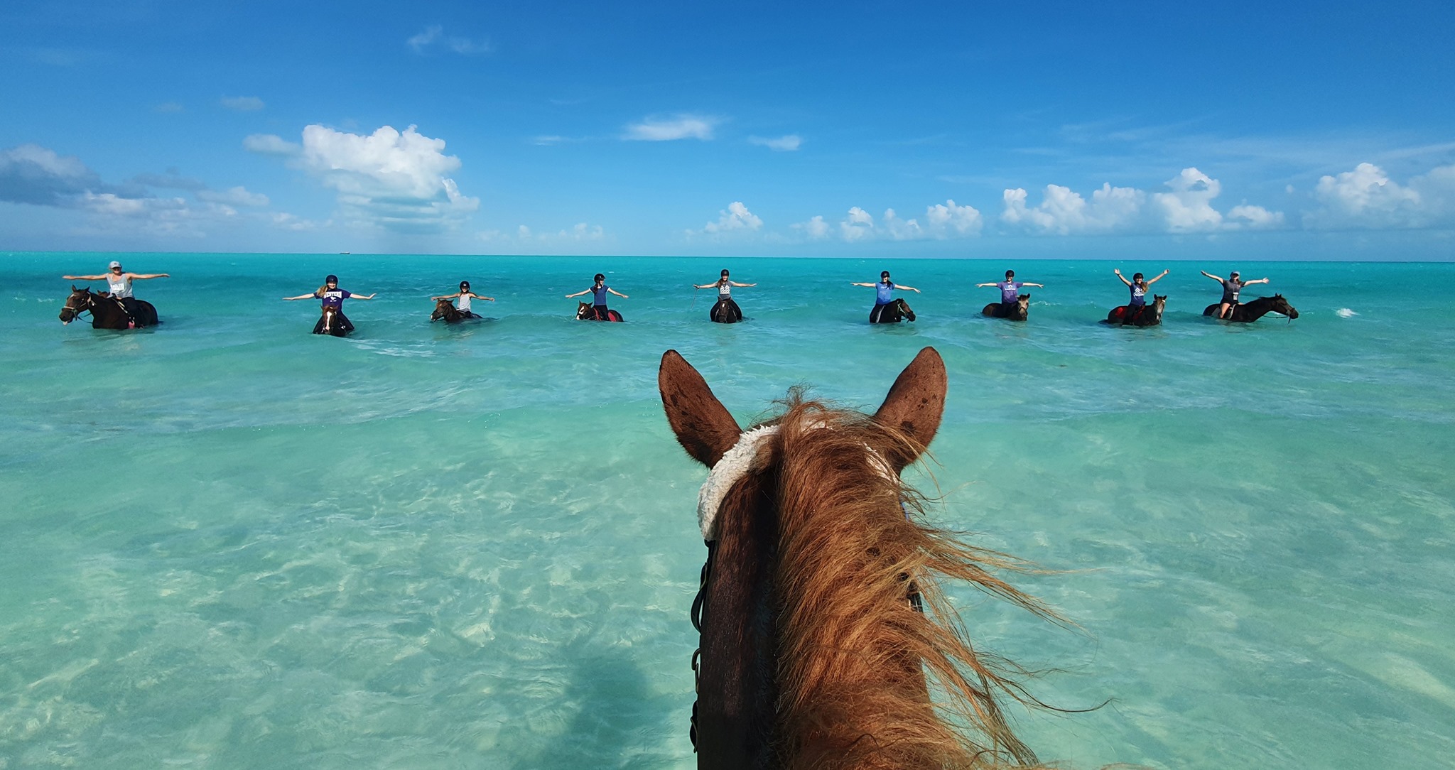 People on horses in the ocean.